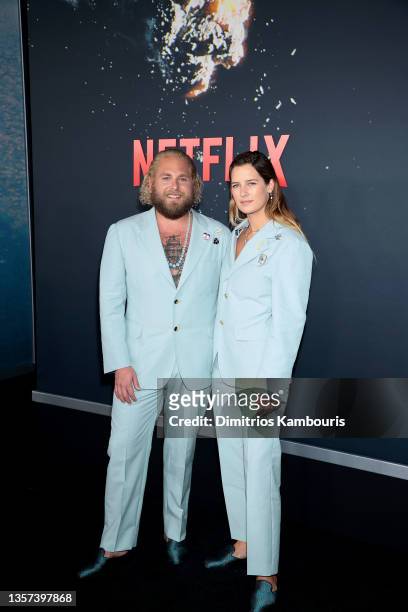 Jonah Hill and Sarah Brady attend the "Don't Look Up" World Premiere at Jazz at Lincoln Center on December 05, 2021 in New York City.