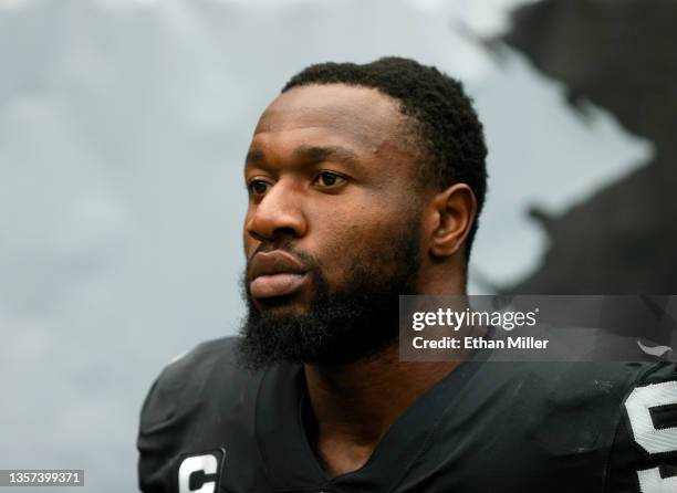 Defensive end Yannick Ngakoue of the Las Vegas Raiders waits to take the field for a game against the Washington Football Team at Allegiant Stadium...