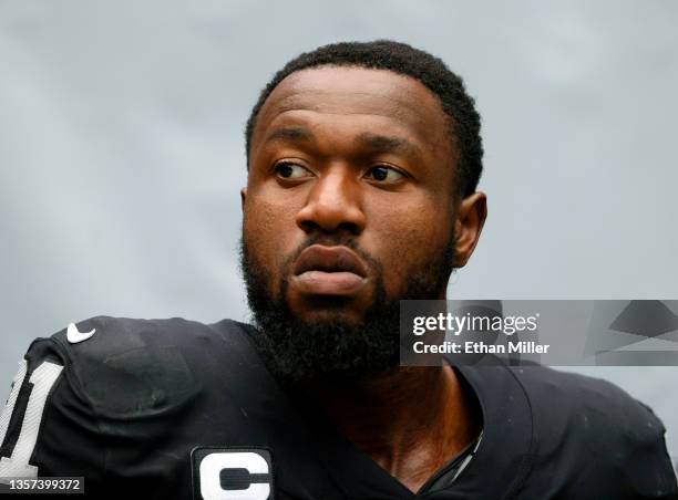Defensive end Yannick Ngakoue of the Las Vegas Raiders waits to take the field for a game against the Washington Football Team at Allegiant Stadium...