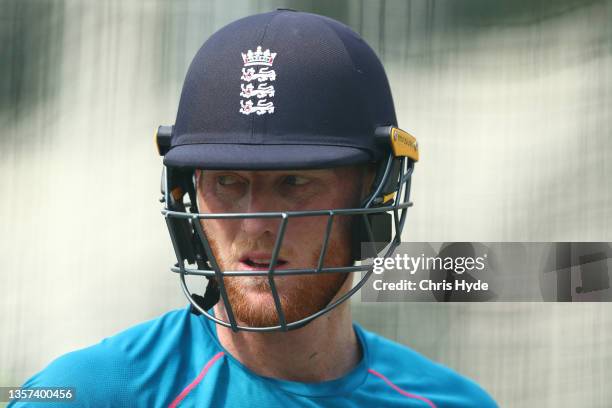 Ben Stokes looks on during an England Ashes squad practice session at The Gabba on December 06, 2021 in Brisbane, Australia.
