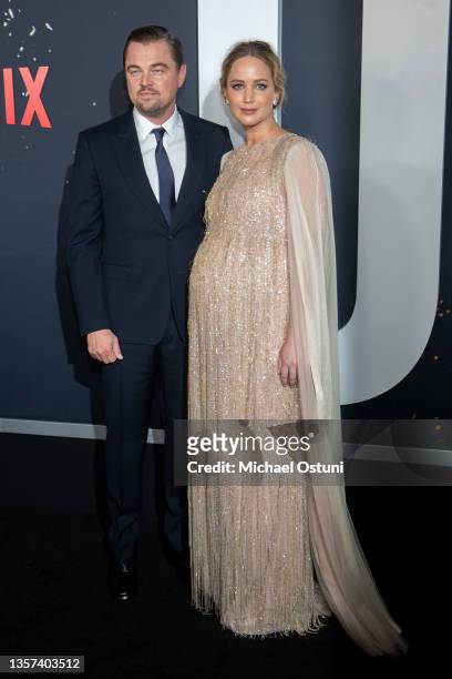 Leonardo DiCaprio and Jennifer Lawrence at the World Premiere Of Netflix's "Don't Look Up" at Jazz at Lincoln Center on December 05, 2021 in New York...