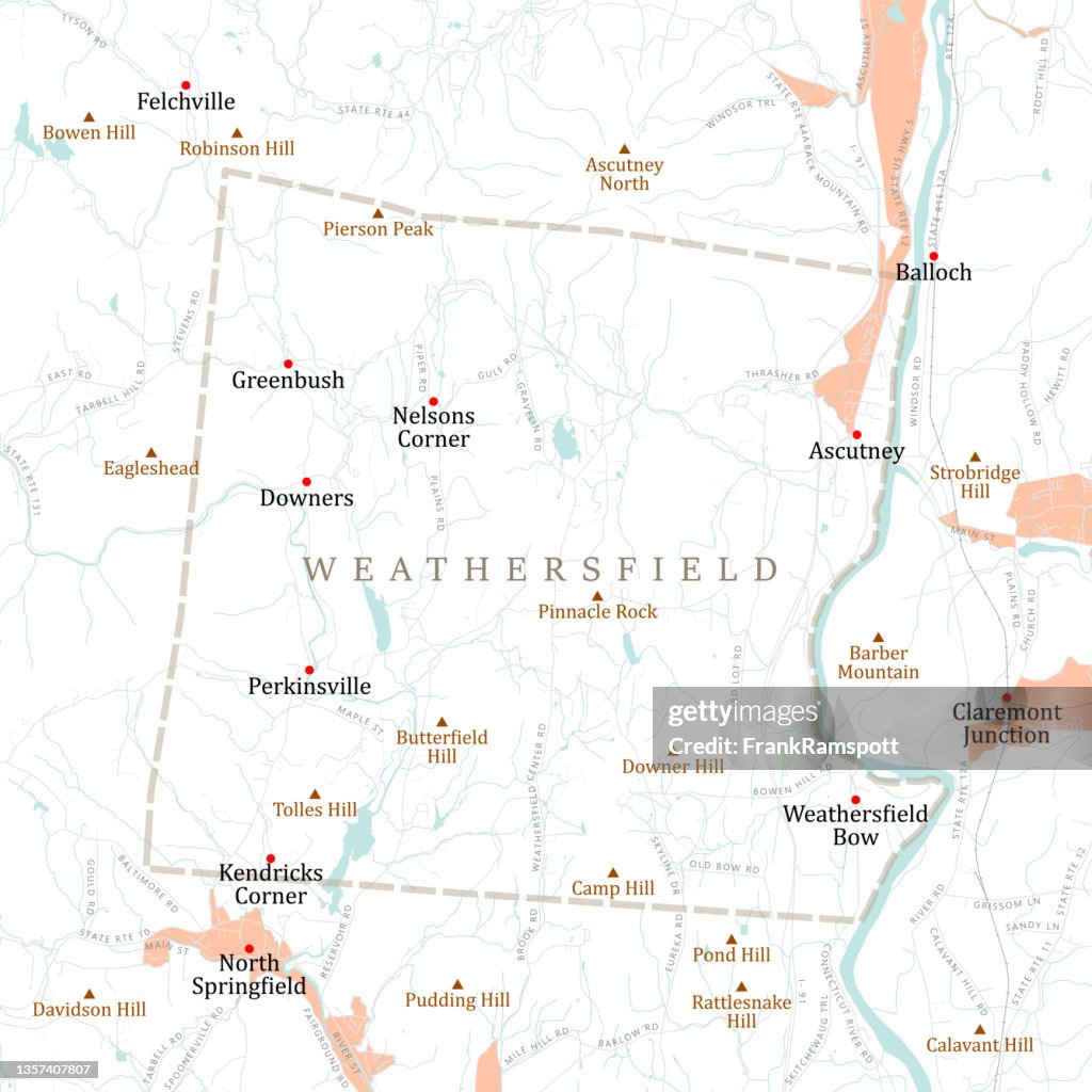 VT Windsor Weathersfield Vector Road Mapa