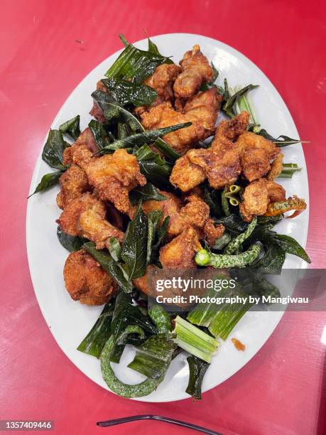 aceh fried chicken dish ayam tangkap - indonesian culture stock-fotos und bilder