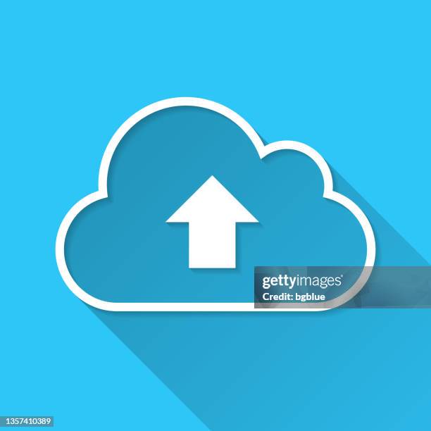 cloud upload. icon on blue background - flat design with long shadow - cloud sync stock illustrations