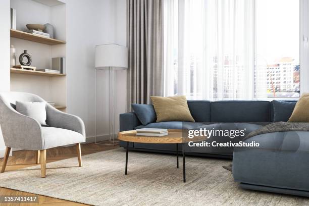 interni moderni del soggiorno - rendering 3d - bookshelf foto e immagini stock