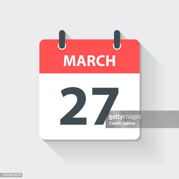 ilustraciones, imágenes clip art, dibujos animados e iconos de stock de 27 de marzo - icono de calendario diario en estilo de diseño plano - marzo