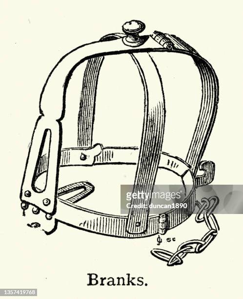 scold's bridle, witch's bridle, a brank's bridle, instrument of punishment, torture - medieval torture stock illustrations