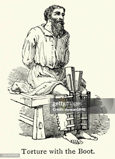 man being tortured by the boot, an  instrument of torture and interrogation variously designed to cause crushing injuries to the foot and or leg - 19th century prisoner stock illustrations