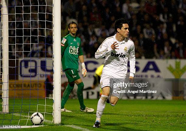 Jose Callejon of Real Madrid celebrates after scoring the opening goal during the round of last 16 Copa del Rey first leg match between Ponferradina...