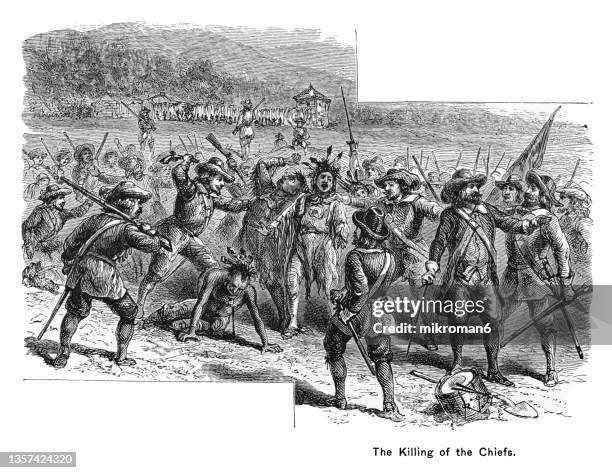 old engraved illustration of the killing of the rappahanock tribe chiefs - indian soldier stockfoto's en -beelden