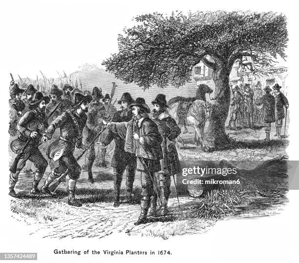 old engraving illustration of gathering of the virginia planters in 1674 - thomas lee virginia colonist stock pictures, royalty-free photos & images