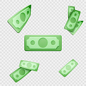 Dollar banknote. Green paper bill. Fly cartoon money isolated on transparent background