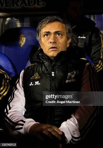 Head coach Jose Mourinho of Real Madrid looks on before of the round of last 16 Copa del Rey first leg match between Ponferradina and Real Madrid at...