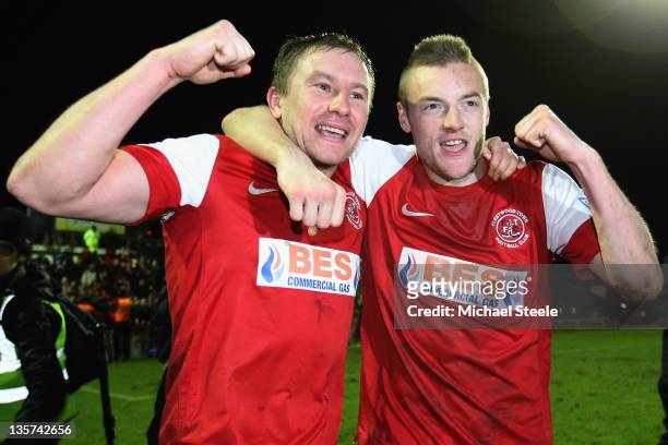 Goalscorers Jamie McGuire and Jamie Vardy of Fleetwood Town celebrate their sides 2-0 victory during the FA Cup Second Round Replay match between...