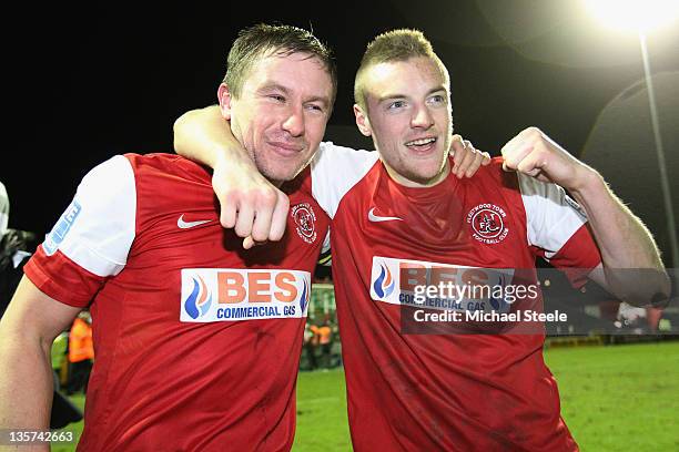 Goalscorers Jamie McGuire and Jamie Vardy of Fleetwood Town celebrate their sides 2-0 victory during the FA Cup Second Round Replay match between...