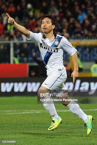 Yuto Nagatomo of FC Internazionale Milano celebrates after scoring the opening goal during the Serie A match between Genoa CFC and FC Internazionale...