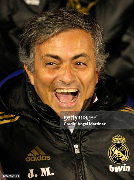 Head coach Jose Mourinho of Real Madrid smiles before of the round of last 16 Copa del Rey first leg match between Ponferradina and Real Madrid at...