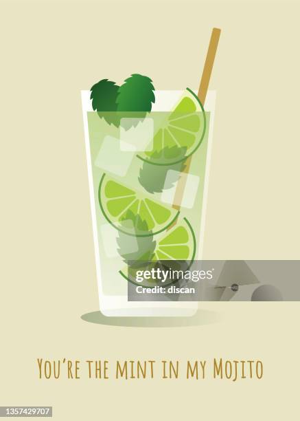 valentines day card with mojito cocktail and mint leaves. - mojito stock illustrations