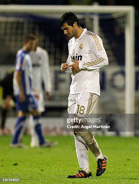 Raul Albiol of Real Madrid walks off after receiving a red card during the round of last 16 Copa del Rey first leg match between Ponferradina and...