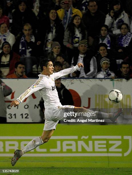 Cristiano Ronaldo of Real Madrid controls the ball during the round of last 16 Copa del Rey first leg match between Ponferradina and Real Madrid at...