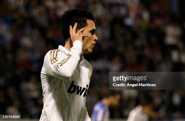 Jose Callejon of Real Madrid celebrates after scoring Real's opening goal during the round of last 16 Copa del Rey first leg match between...