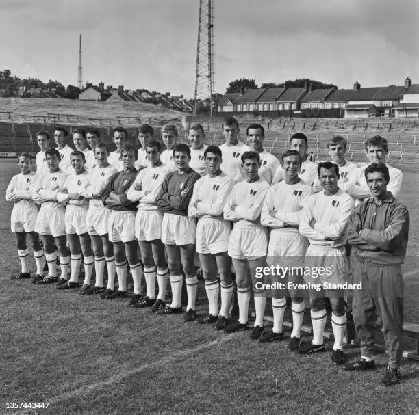 The footballers of League Division 2 team Crystal Palace FC at the start of the 1964-65 football season, UK, 18th August 1964. From left to right...