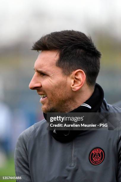 Leo Messi looks on during a Paris Saint-Germain training session prior to the UEFA Champions League group A match between Paris Saint-Germain and...