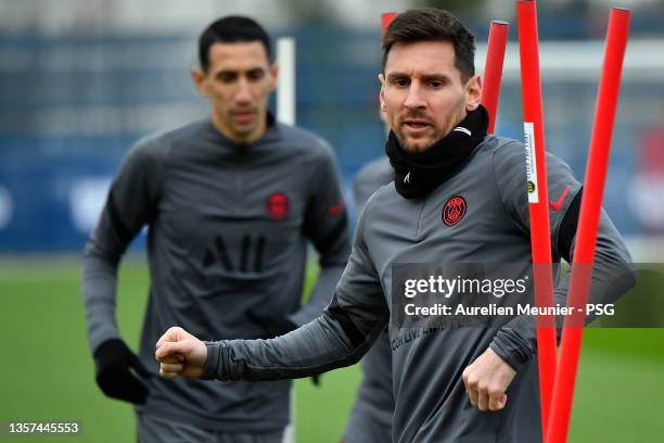 Leo Messi warms up during a Paris Saint-Germain training session prior to the UEFA Champions League group A match between Paris Saint-Germain and...