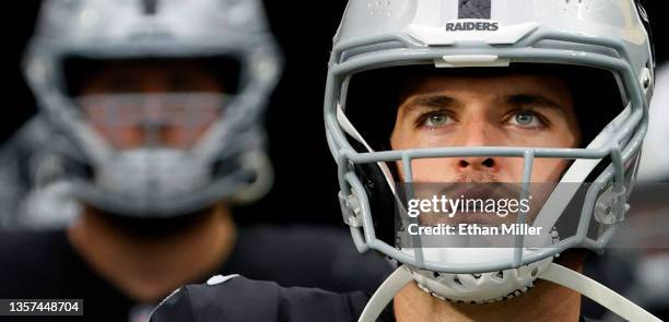 Quarterback Derek Carr of the Las Vegas Raiders waits to take the field for a game against the Washington Football Team at Allegiant Stadium on...