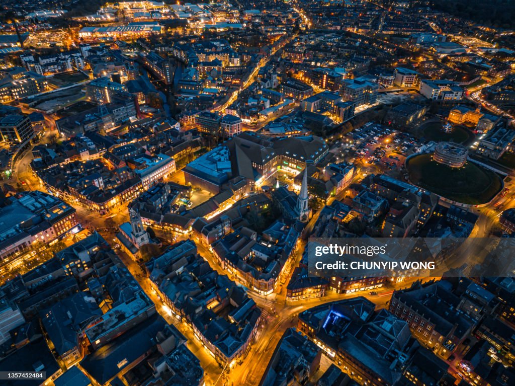 Aerial view of York downtown at night