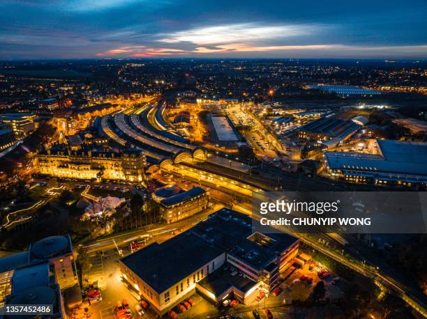 aerial view of york railway station at night - aerial view city night stock pictures, royalty-free photos & images