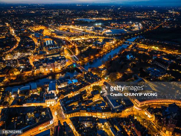 aerial view of york downtown at night - york stock pictures, royalty-free photos & images