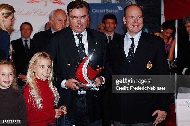 Charles de Bourbon winning the Esmeralda cup with Prince Albert II of Monaco attend the Members Cocktail At Monaco Yacht Club on December 13, 2011 in...