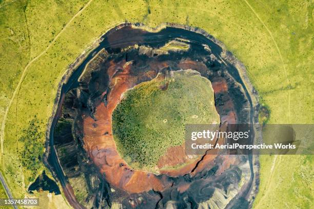 aerial view of prairie and extinct volcanic crater, china - cinder cone volcano stock pictures, royalty-free photos & images