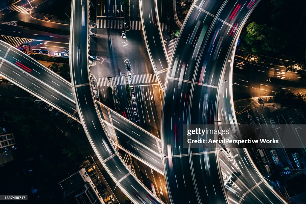 Drone Point View of Overpass and City Traffic at Night