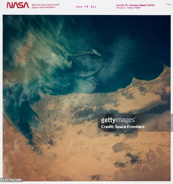 Kuwait, weeks after the last oil well fire had been extinguished, in an image taken from the Space Shuttle Atlantis during mission STS-44, 24th...