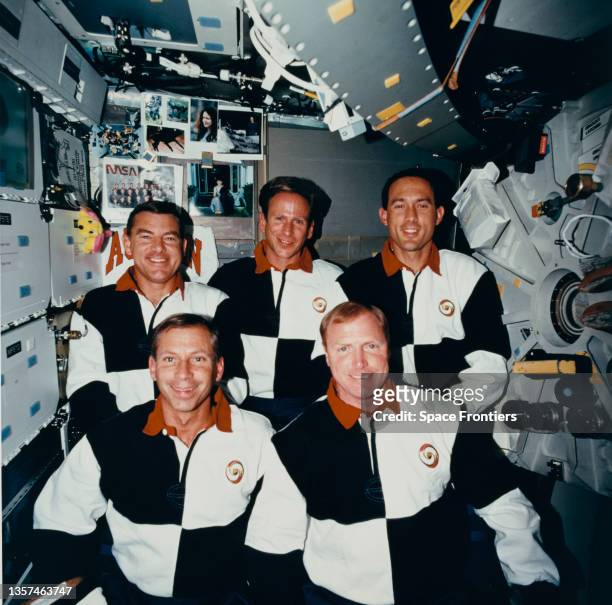 Crewmembers of STS-69 in the aft area of the middeck of the Space Shuttle Endeavour on STS-69, 7th to 18th September 1995.