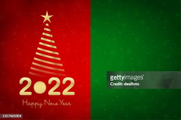 golden metallic yellow or beige colored three dimensional or 3d text 2022 and happy new year over dark bright vibrant red maroon and ree horizontal bordered festive glowing glittering vector backgrounds with a striped christmas tree with a star - christmas background green stock illustrations