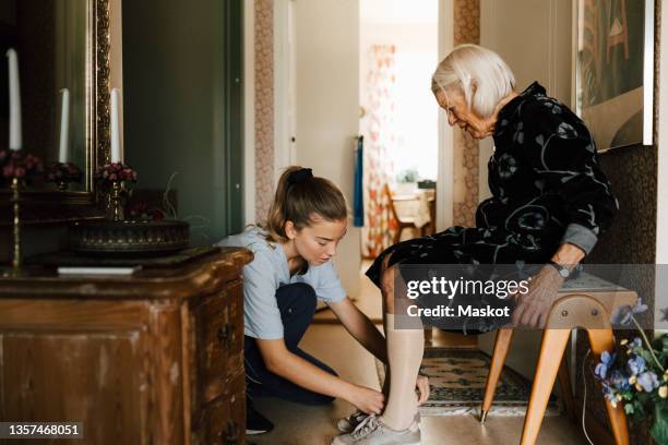 female caregiver helping senior woman to put shoe at home - old shoes stockfoto's en -beelden