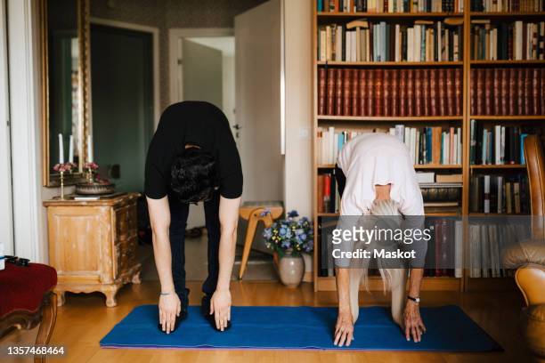 male caregiver and senior woman doing stretching exercise at home - tocando os dedos dos pés - fotografias e filmes do acervo