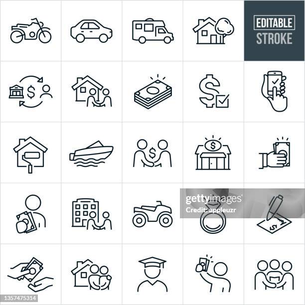 verleihen und ausleihen von thin line icons - bearbeitbarer strich - bank loan stock-grafiken, -clipart, -cartoons und -symbole