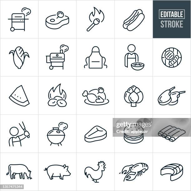 stockillustraties, clipart, cartoons en iconen met grilling and smoking thin line icons - editable stroke - lobster seafood