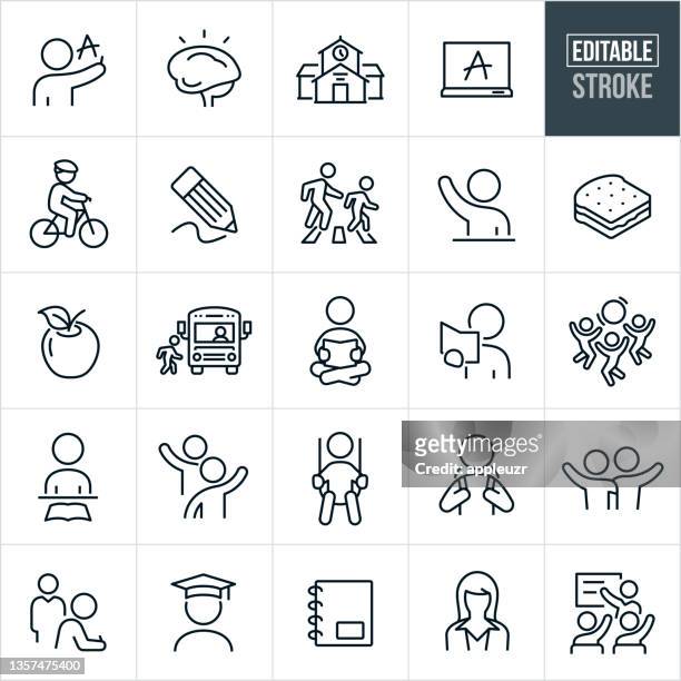 ilustraciones, imágenes clip art, dibujos animados e iconos de stock de iconos de línea delgada de educación primaria - trazo editable - alzar la mano