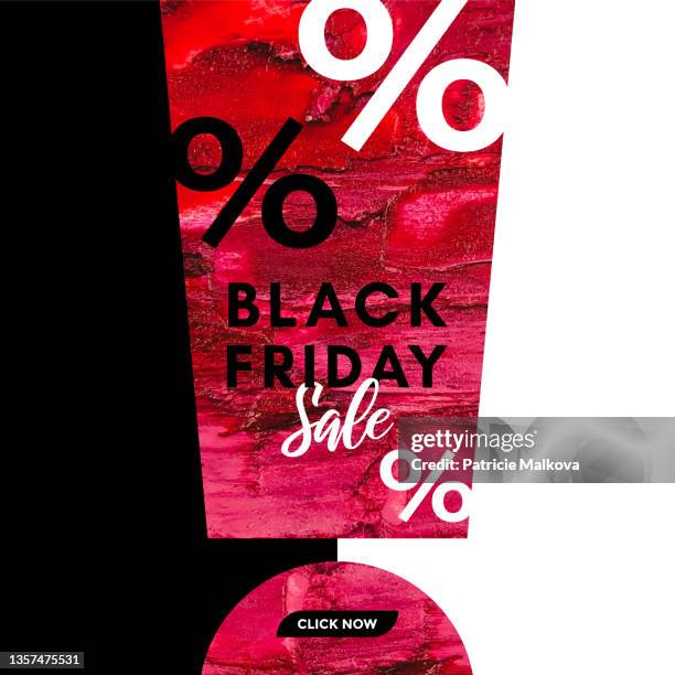 illustrazioni stock, clip art, cartoni animati e icone di tendenza di banner di vendita vettoriale del black friday con punto esclamativo realizzato con macchia macchiata di rossetto rosso realistico, composizione trucco cosmetico, trucco design, pennellate lucidalabbra, sfondo testurto estetista, banner di vendita trucco - rossetto rosso