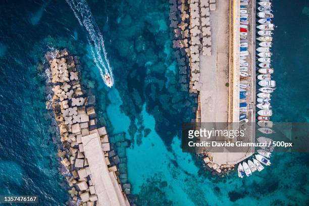 back in the port,aerial view of boats moored at harbor,gallipoli,province of lecce,italy - gallipoli foto e immagini stock