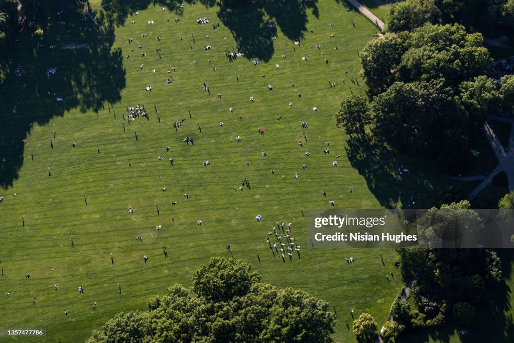 Aerial view looking down at Sheep Meadow in Central Park, NYC