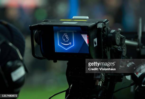 The Premier League logo on a television camera filming for Amazon Prime before the Premier League match between Everton and Liverpool at Goodison...