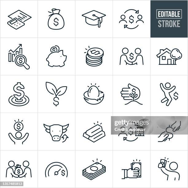 ilustraciones, imágenes clip art, dibujos animados e iconos de stock de invertir iconos de línea delgada - trazo editable - ganar dinero