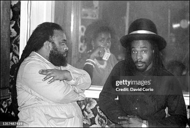 Mikey 'Reuben' Campbell, Janet Kay and Winston Reedy at British Reggae Artists Famine Appeal recording session at Hive Recording Studios, Stoke...