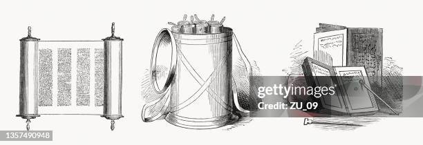 ilustraciones, imágenes clip art, dibujos animados e iconos de stock de utensilios de escritura de la antigüedad, grabados en madera, publicado en 1862 - old testament scroll